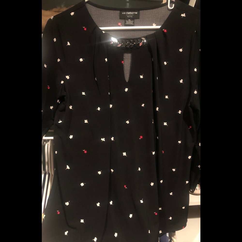 Liz Claiborne Career Black Floral Jeweled Keyhole Neck Blouse Petite Large